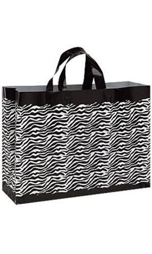 New 100 Bags Large Frosted Plastic Zebra Print Shopping Bags 16&#034; x 6&#034; x 12&#034;