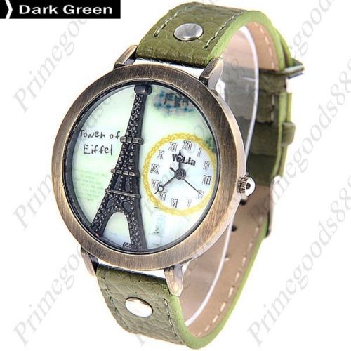 3D Eiffel Tower PU Leather Quartz Lady Ladies Wristwatch Women&#039;s Dark Green