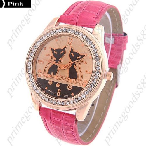 Cat cats rhinestones pu leather quartz lady ladies wristwatch women&#039;s pink for sale