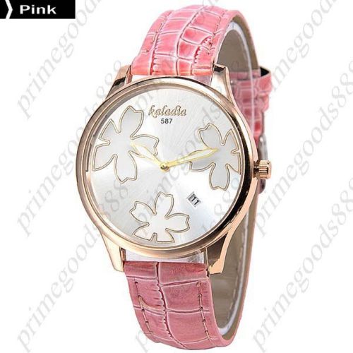 Gold Flowers PU Leather Lady Ladies Wrist Analog Quartz Wristwatch Women&#039;s Pink