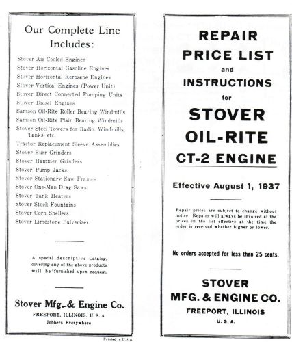 Stover ct-2 gas engine instruction book manual hit miss wico ek motor parts list for sale