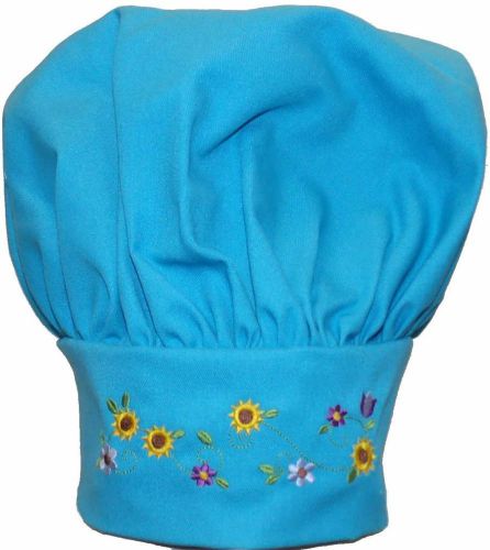 Turquoise Sunflowers &amp; Flower Vines Child Size Chef Hat Tulips Daisies Garden