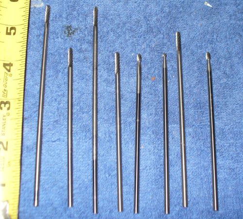 8 CARBIDE BURS,   LONG 1/8&#034; shank,  (L7),  used, USA.,  burrs, FREE SHIPPING