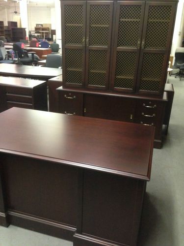 EXECUTIVE SET DESK CREDENZA &amp; HUTCH by ALMA DESK CO in MAHOGANY COLOR WOOD