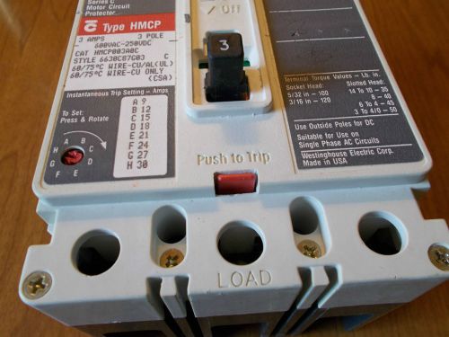 Westinghouse Motor Circuit Protector 3 Pole 600 VAC HMCP003A0C Set Trip 30Amp DC