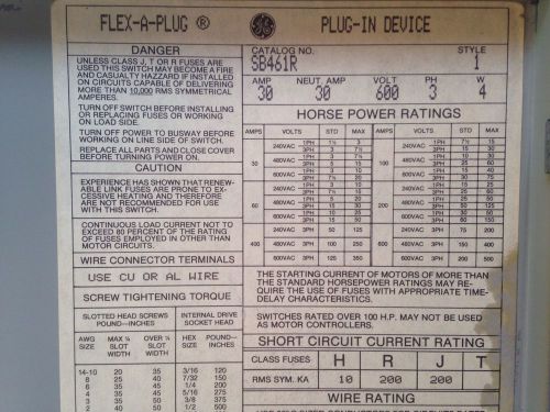 GE SB SB461R 30 AMP 600V FUSED BUS PLUG SB461R