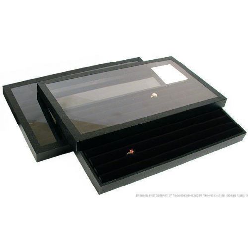 2 Black Velvet Ring Display &amp; Acrylic Lid Travel Tray