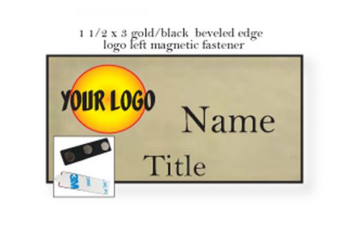 1 GOLD NAME BADGE COLOR LOGO ON LEFT 2 LINES OF IMPRINT MAGNET FASTENER