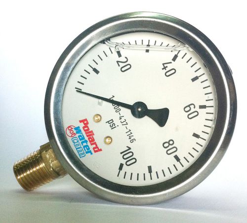 100 Psi Stainless Liquid Filled Pressure Gauge 2-1/2&#034; Dial 1/4&#034; NPT Pollard