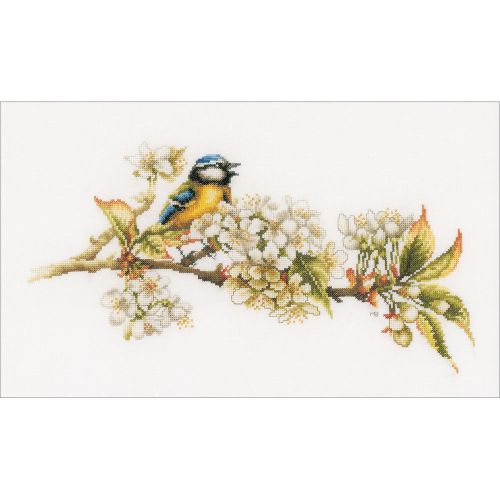 &#034;LanArte Blue Tit On Cotton Counted Cross Stitch Kit-16&#034;&#034;X9.75&#034;&#034; 27 Count&#034;