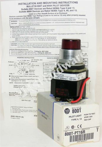 New Allen Bradley 800T-PT16R /T 30.5mm Type 4/13 Pilot Light Push-to-Test Red