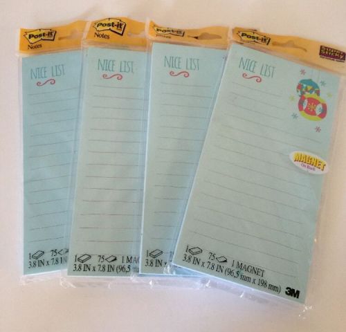 Post-It Notes Magnet &#034;Nice List&#034; Pad 3.8&#034; x 7.8&#034; 3M, Blue 75 pages Lot Of 4