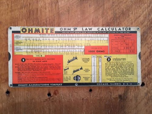 1941 OHMITE Mfg Co Ohm&#039;s Law Calculator 0.1 to 10 Megohms Perry Graf Corp. USA