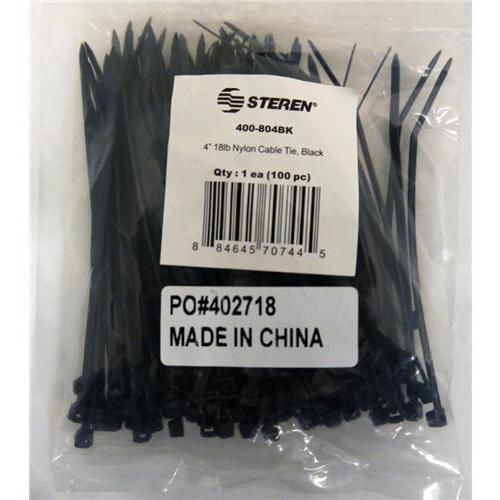 STEREN ELECTRONICS INTL 400-804BK 4&#034; BLACK NYLON TIES 100 PACK