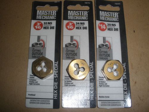 Lot of (3) Master Mechanic 1&#034; hex dies special #14-20  3/16-24  3/16-32 Titanium