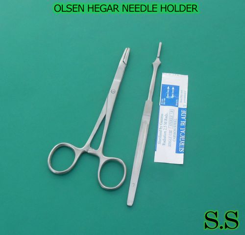 OLSEN HEGAR NEEDLE HOLDER 5.5&#034; SMOOTH+SCALPEL HANDLE #7+5 SURGICAL BLADES #10