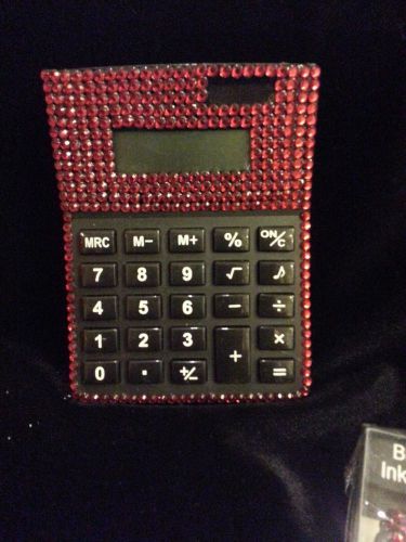 Red rhinestone crystal bling embellished medium office solar powered calculator for sale