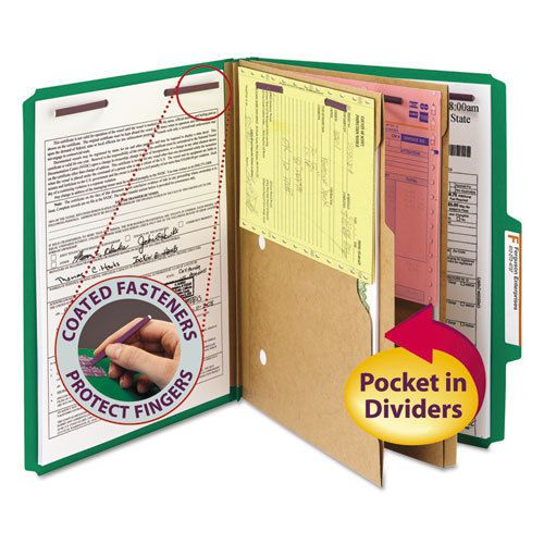 Pressboard Folders with Two Pocket Dividers, Letter, Six-Section, Green, 10/Box