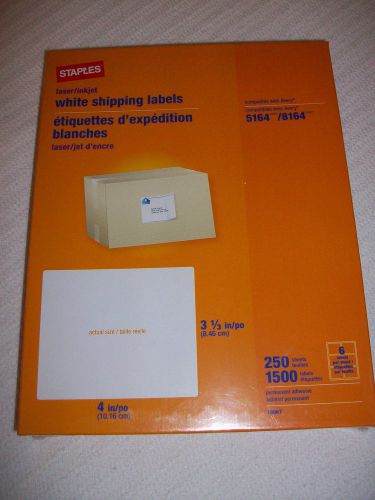 BOX STAPLES WHITE INKJET LASER SHIPPING 3 1/3&#034; X 4&#034; 1500 LABELS avery 5164 8164