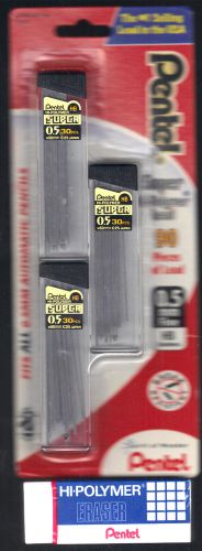 Pentel super hi-polymer 0.5mm hb refill lead 90 pieces &amp; pentel eraser new! for sale