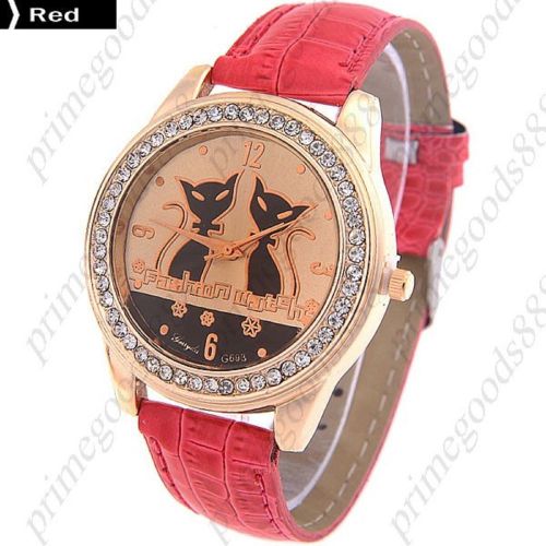 Cat cats rhinestones pu leather quartz lady ladies wristwatch women&#039;s red for sale