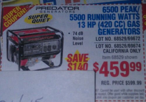 Harbor freight coupon 6500 peak/5500 running watts 13hp gas generator save $140 for sale