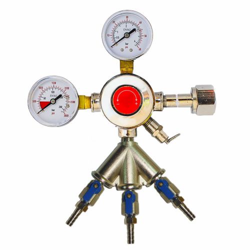 Chrome Draft Beer Dual Gauge Co2 Regulator with 3 Way Splitter w/Shutoff Valves