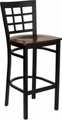 NEW METALWINDOW BACK RESTAURANT BARSTOOLS MAHOGANY WOOD SEAT LOT OF 12 BARSTOOLS