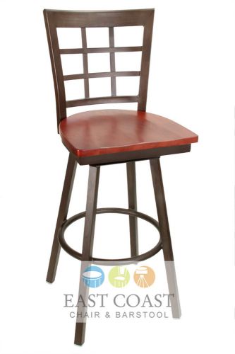 New Gladiator Rust Powder Coat Window Pane Metal Swivel Bar Stool, Mahogany Seat