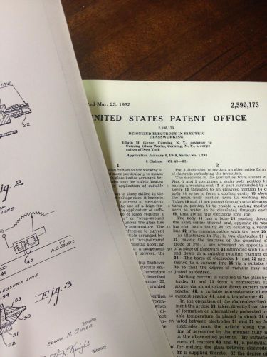 VINTAGE US UNITED STATES PATENT OFFICE DEIONIZED ELECTRODE IN ELECTRIC GLASSWORK