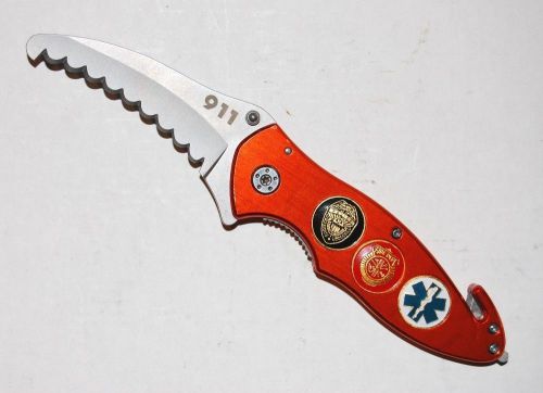 Fully serrated rescue liner lock knife police fire ems window breaker for sale