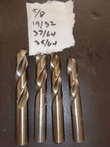 Lot of 4 Resharpened Cobalt Screw Machine Length Drills  5/8, 19/32, 37/64,35/64