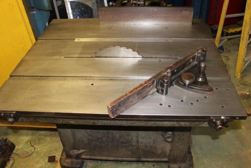 VINTAGE TANNEWITZ MODEL B DUAL ARBOR SLIDING &amp; TILTING TABLE, SAW BENCH