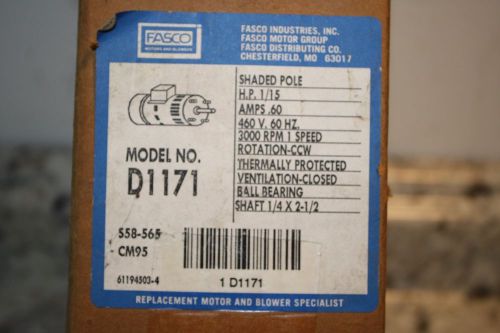 FASCO MOTOR D1171 1/15 HP, 3000 RPM FASCO 1 SPEED ELECTRIC MOTOR