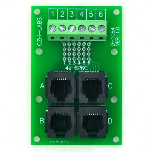 RJ11/RJ12 6P6C Jack 4-Way Buss Breakout Board, Terminal Block, Connector.