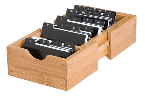 Bamboo expandable business card holder w/ dividers &amp; index tabs office new for sale