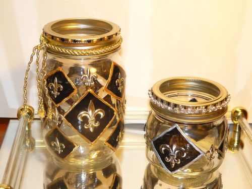 Fleur de lis Black Gold Silver Mason Jar Desk Set