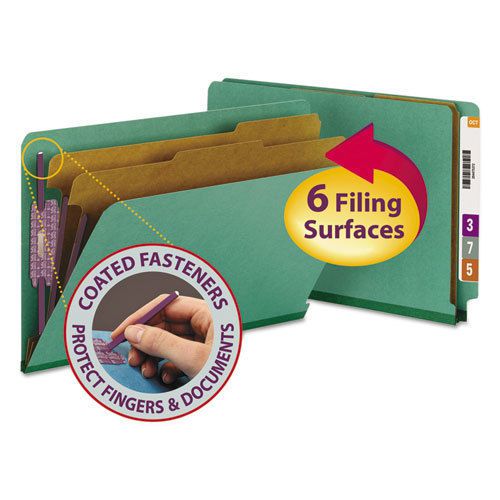 Pressboard End Tab Classification Folders, Legal, Six-Section, Green, 10/Box