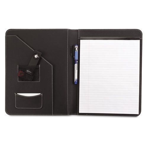 Leather-Look Pad Folio, Inside Flap Pocket w/Card Holder, Black