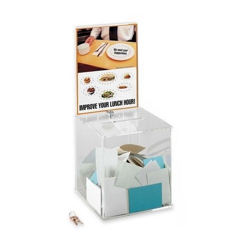 Safco 4234cl acrylic collection box w/2 keys 9-1/4inx9-1/4inx21in clear for sale