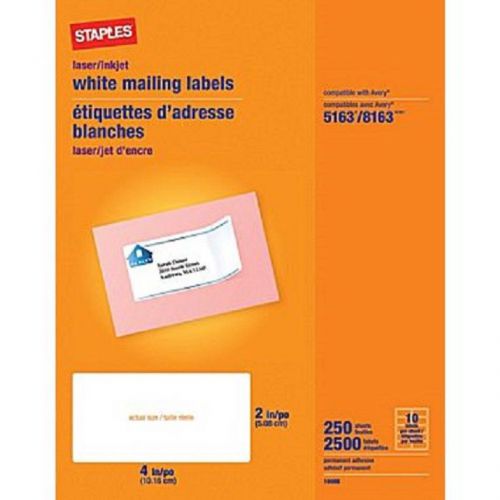 BOX STAPLES WHT INKJET LASER SHIPPING 2&#034; X 4&#034; 2500 LABELS #18066 avery 5163 8163