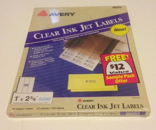 Avery 8660 clear mailing labels 1&#034; x 2 5/8&#034; 25 sheets - total of 750 labels NEW