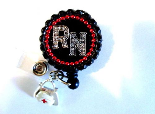 RN RHINESTONE LETTERS ID BADGE RETRACTABLE REEL WITH NURSE CHARM,MEDICAL,