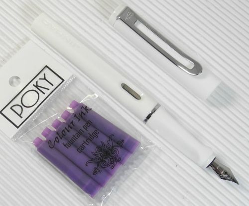 JINHAO 599B Fountain pen WHITE plastic barrel free 5 POKY cartridges VIOLET ink