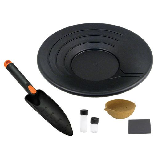 Complete gold panning kit- trowel, gold pan, melting pot, testing stone, vials for sale