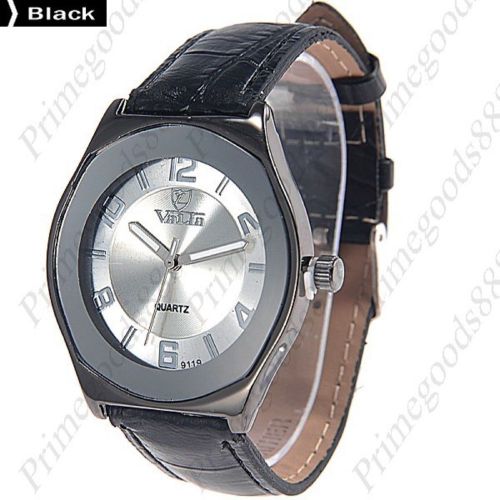 Genuine leather round case men&#039;s wrist quartz wristwatch in black siver face for sale