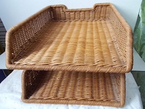 Vintage Wicker Office Paper In Out Tray Basket Desk Organizer