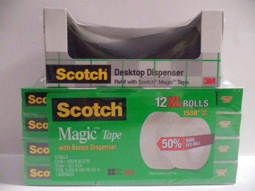 Scotch 3M Black Dispenser 12 Jumbo 3/4&#034; X 1500&#034; Magic Invisible Tape Rolls NEW