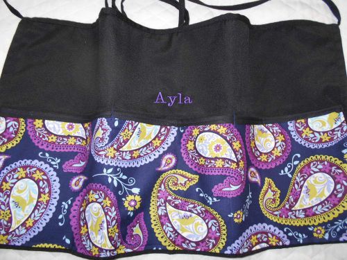 Black Server 3 Pocket Waitress Waist Apron Paisley Blue  Name  FREE Lady Pizazz