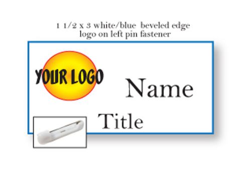 1 WHITE /  BLUE NAME BADGE COLOR LOGO ON LEFT 2 LINES OF IMPRINT PIN FASTENER